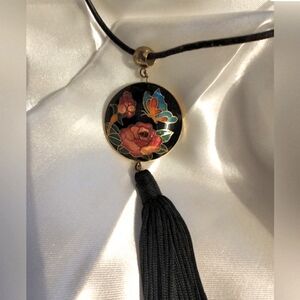 Cloisonne Puffy Black Flower & Butterfly Pendant Necklace - Black Leather Cord